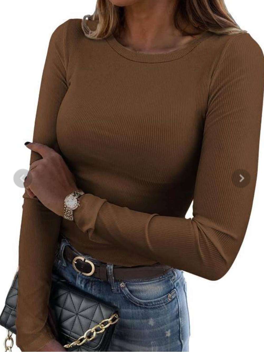 Women’s Long Sleeve Ribbed Fitted Shirt,  Auburn/Brown | Small | NWT